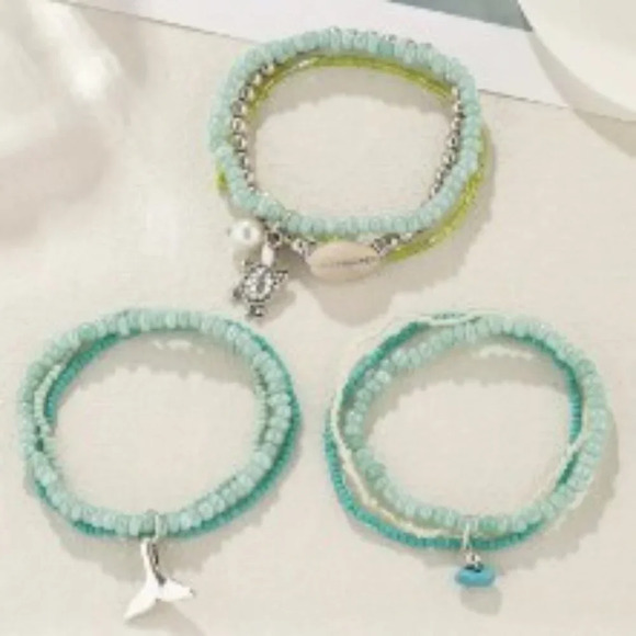 NWT 3pcs Vibrant Ocean-inspired Green Glass Beaded Charm Bracelet Set w/ Charms - Picture 3 of 5